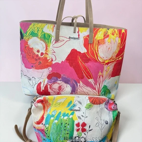 Desigual NWOT Reversible Tote Bag Set Large Floral Tan Pouch Bohemian Chic Art - Picture 2 of 14